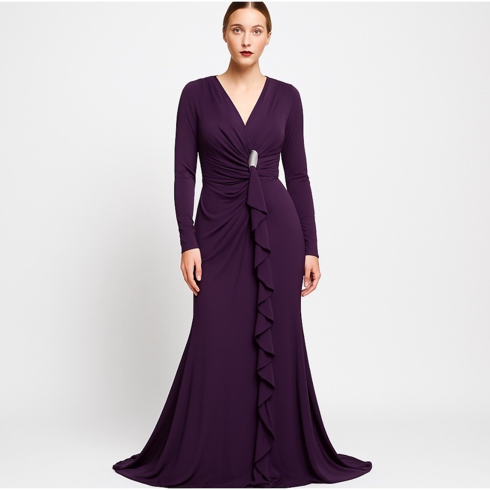 Ralph Lauren LRL Purple Maxi Evening Gown 14 Formal Faux Wrap Rhinestone Brooch